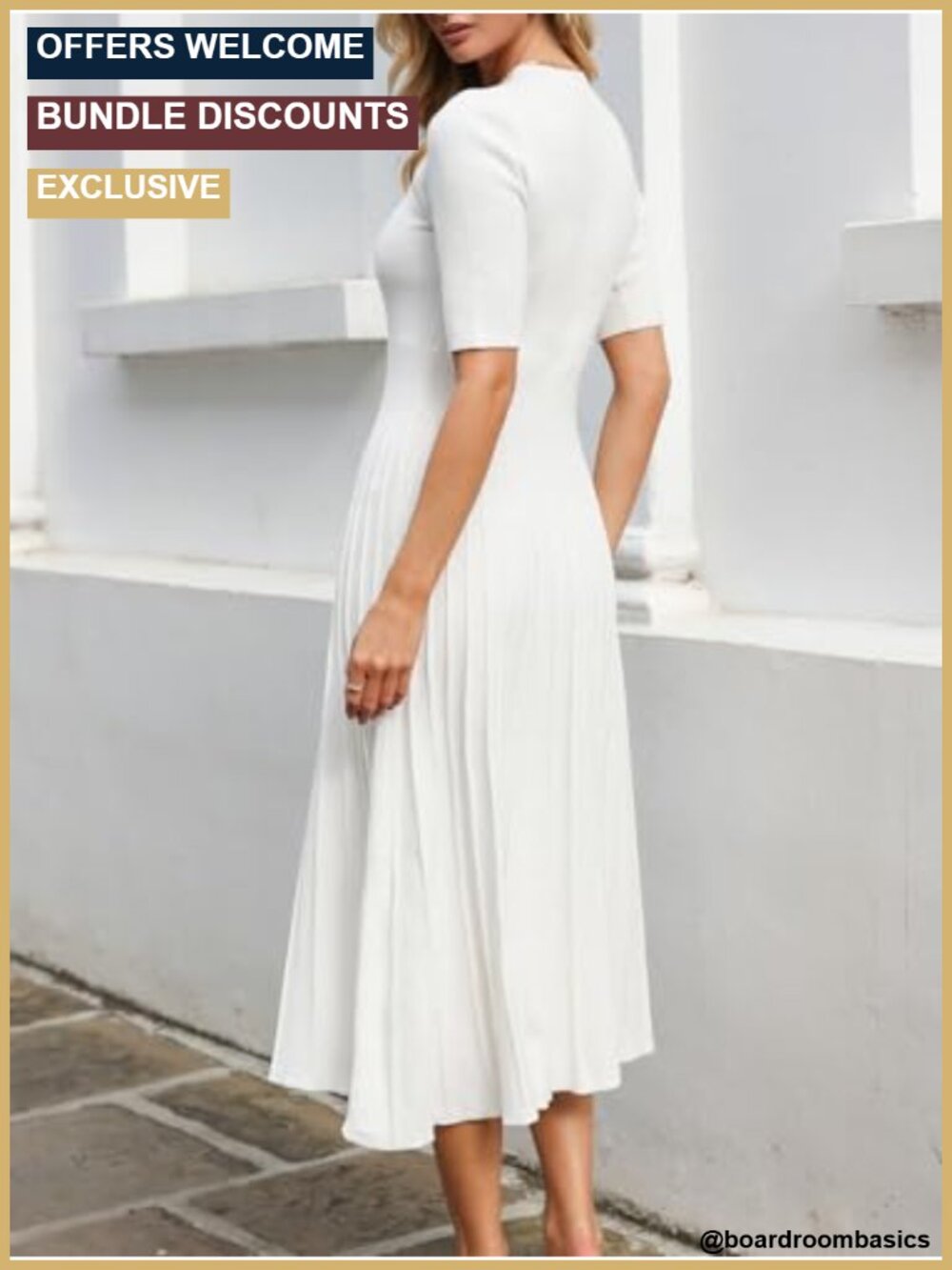 Ribbed Knit Pleated A-Line Midi Sweater Dress Short Sleeve Round Neck - Picture 2 of 5